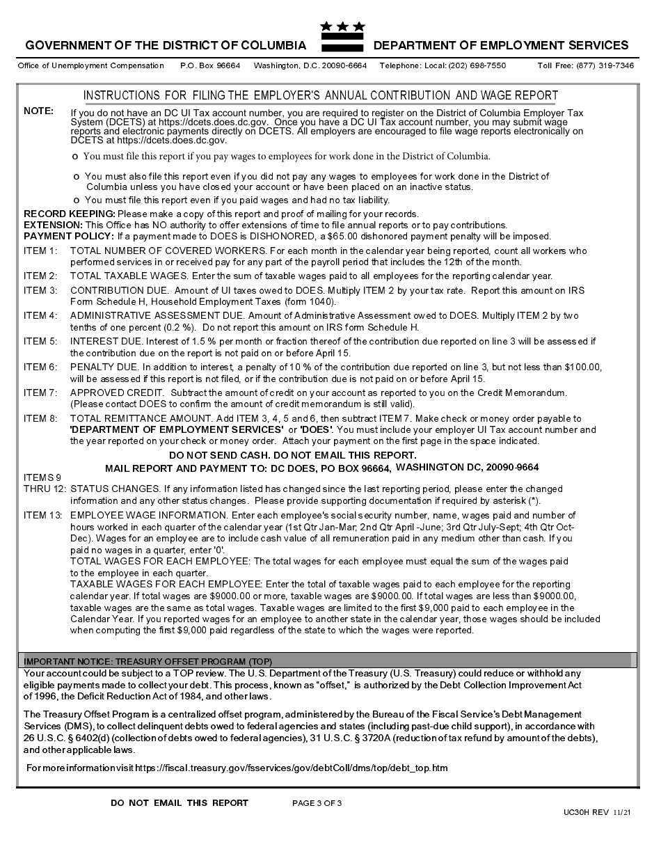Form UC30H Employers Annual Contribution and Wage Report - Washington, D.C., Page 3