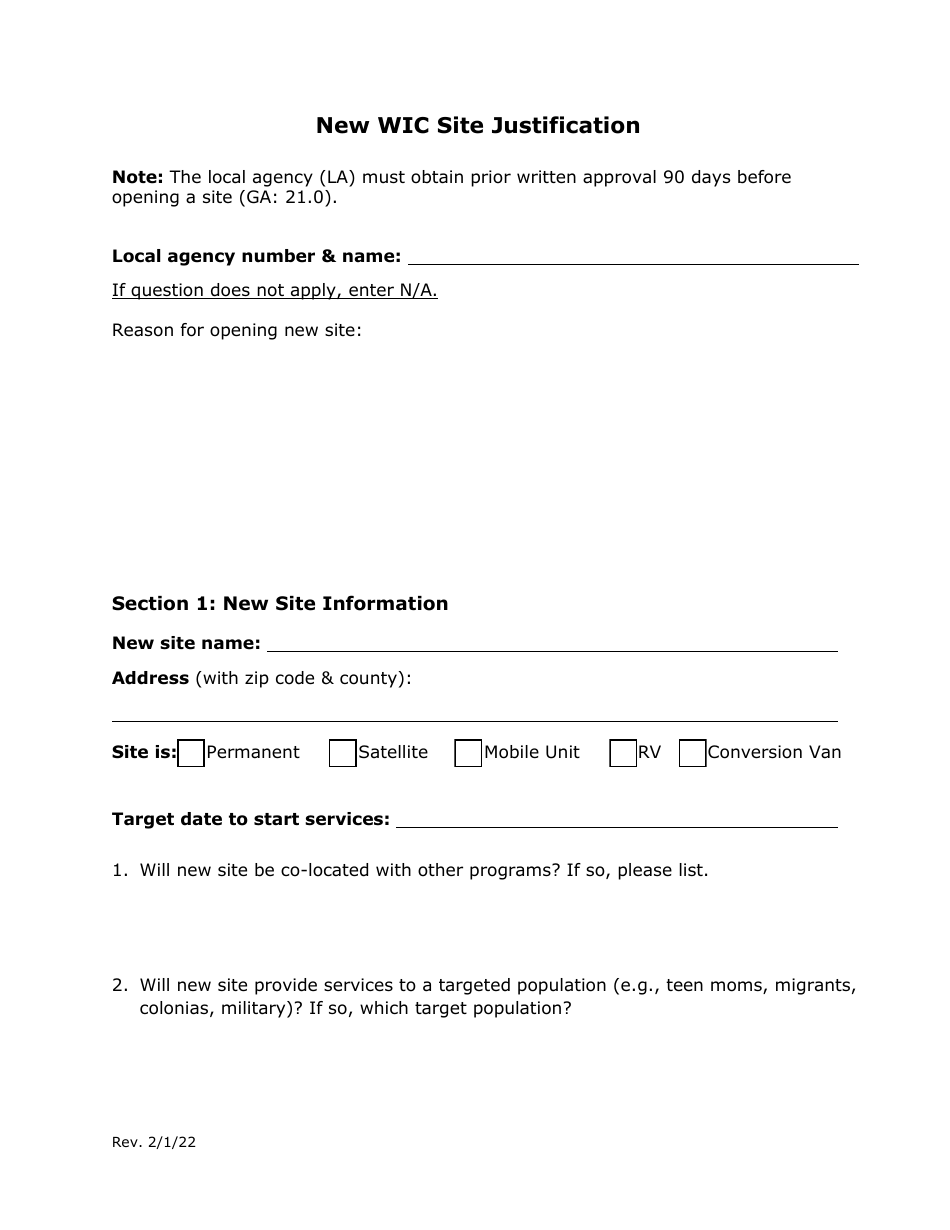 New Wic Site Justification - Texas, Page 1