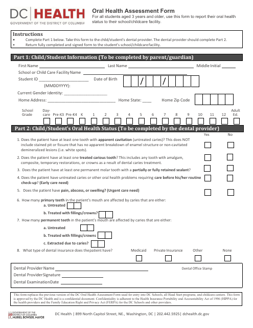 Oral Health Assessment Form - Washington, D.C. Download Pdf