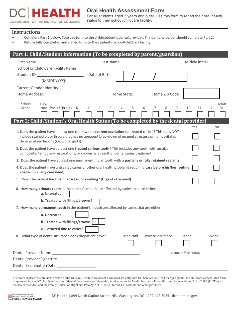 Oral Health Assessment Form - Washington, D.C., Page 1