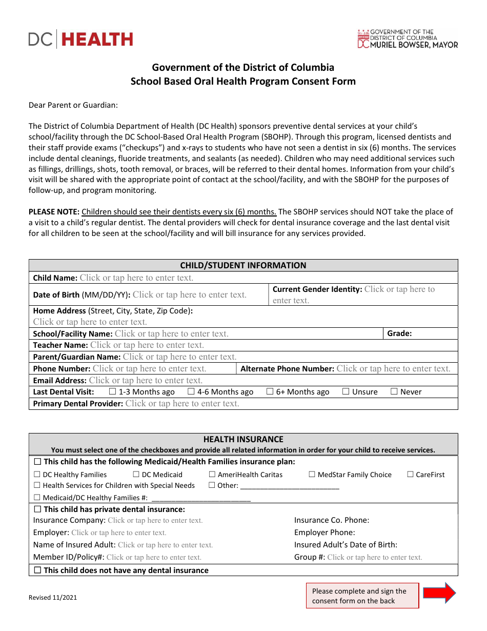 School Based Oral Health Program Consent Form - Washington, D.C., Page 1