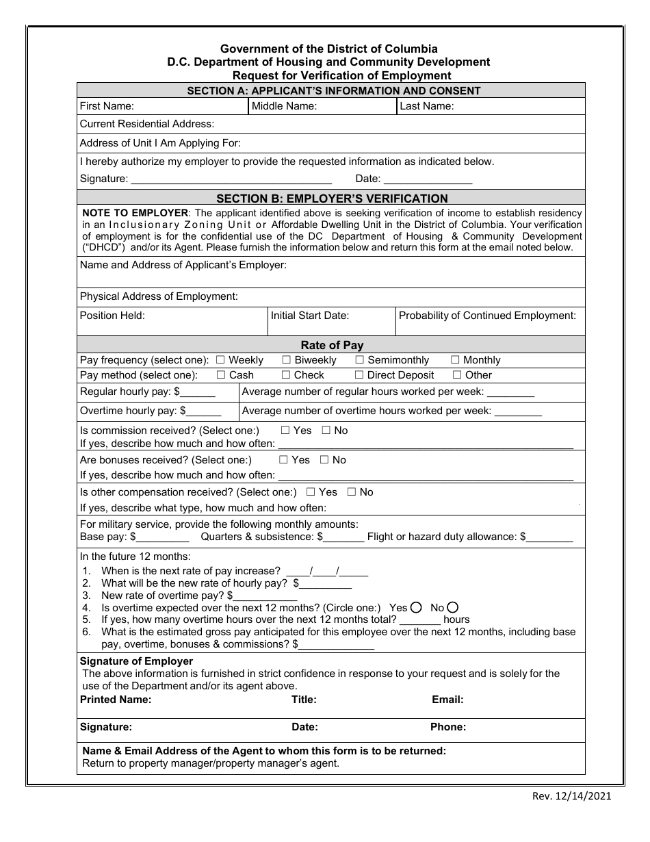 Request for Verification of Employment - Washington, D.C., Page 1