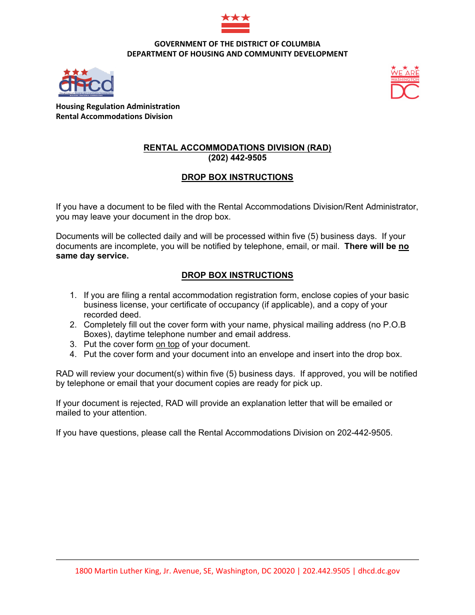 Instructions for Rental Accommodations Division (Rad) Drop Box Cover Form - Washington, D.C., Page 1
