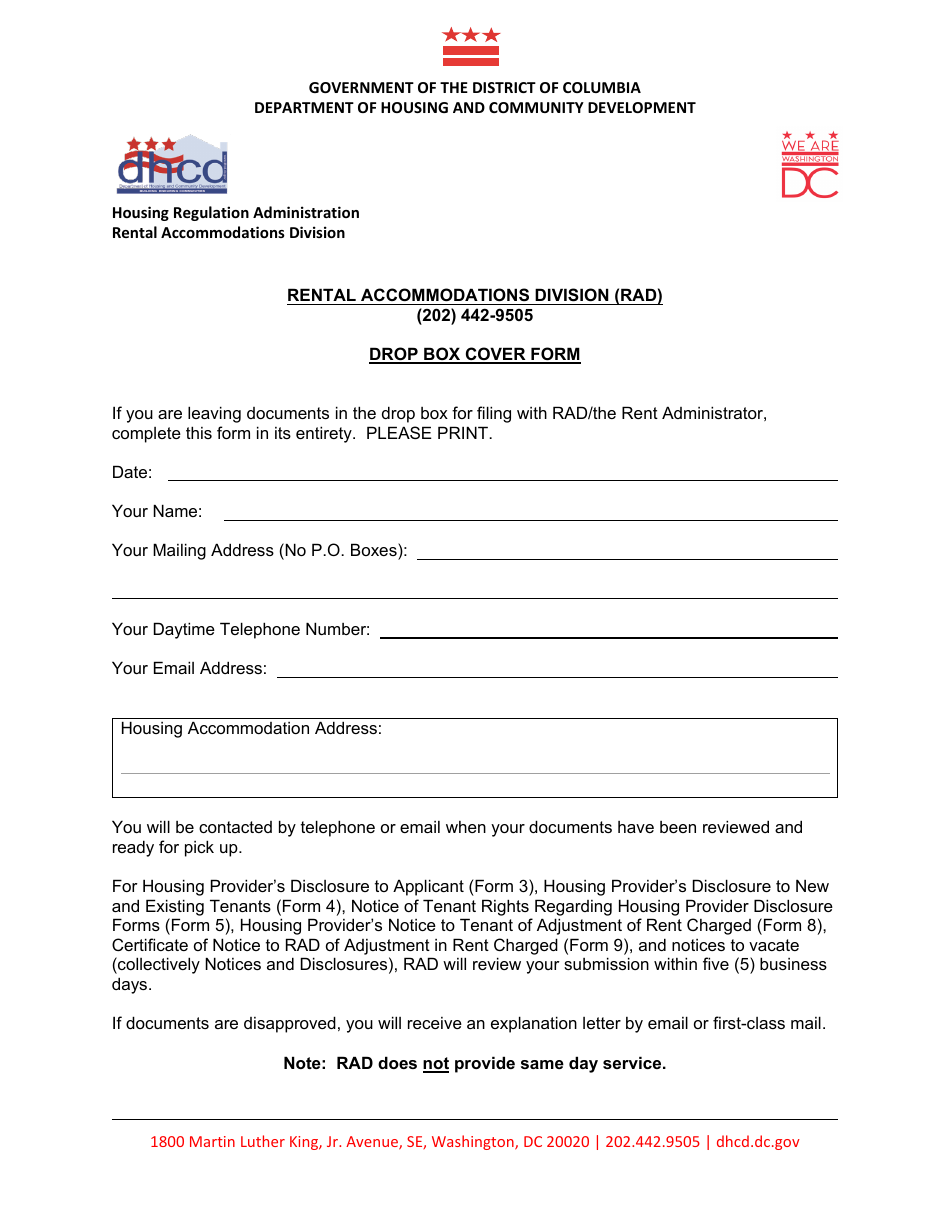 Rental Accommodations Division (Rad) Drop Box Cover Form - Washington, D.C., Page 1