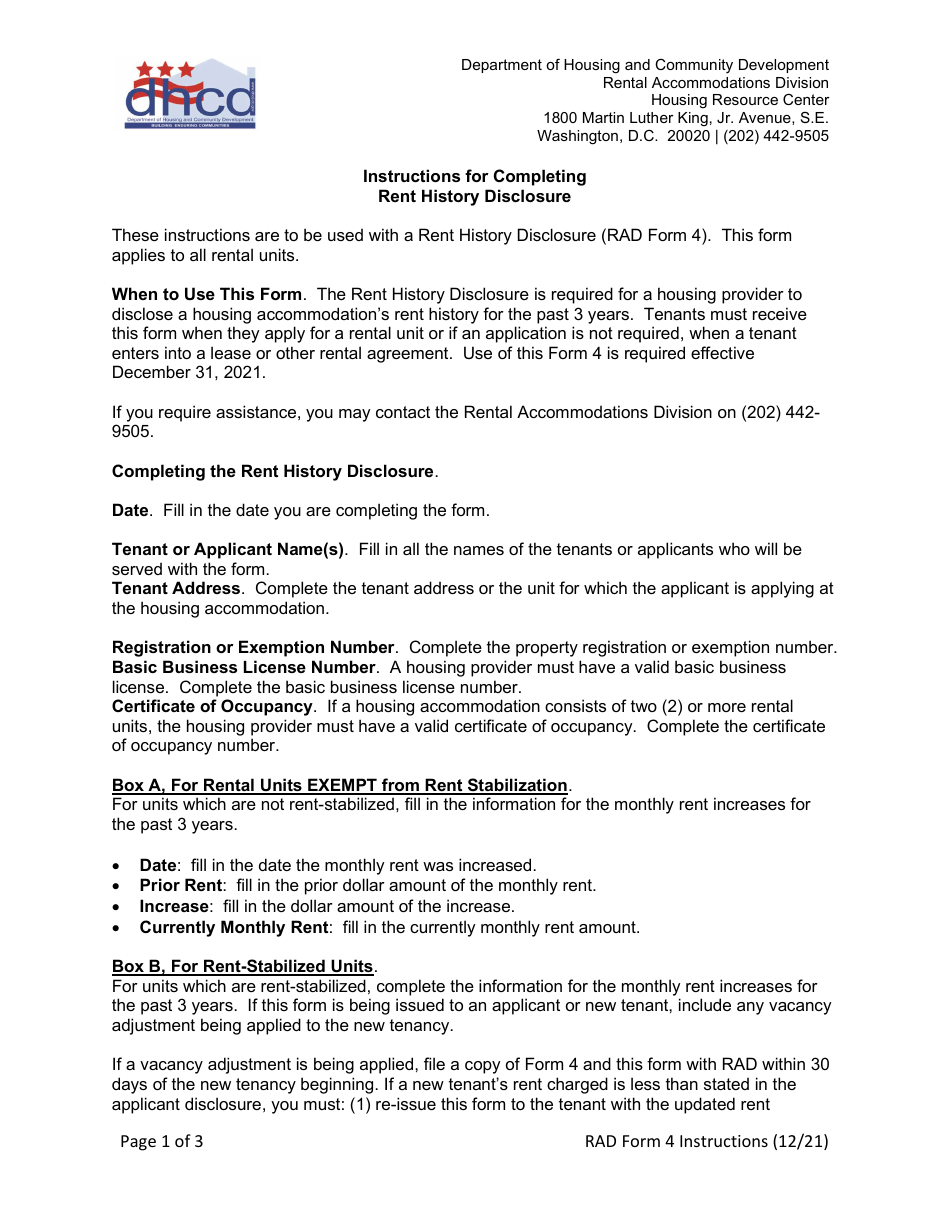 Instructions for RAD Form 4 Rent History Disclosure - Washington, D.C., Page 1