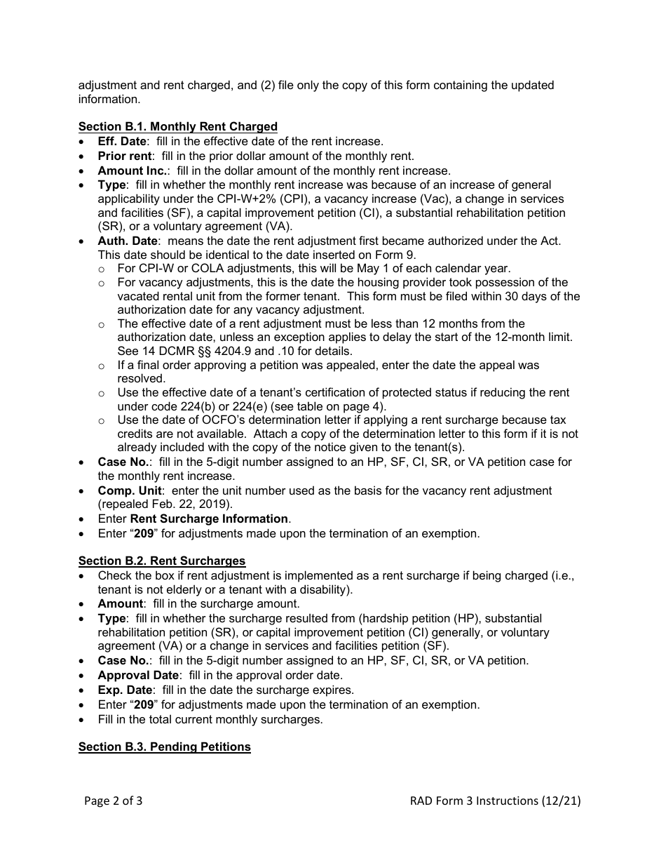 Instructions for RAD Form 4 Rent History Disclosure - Washington, D.C., Page 2