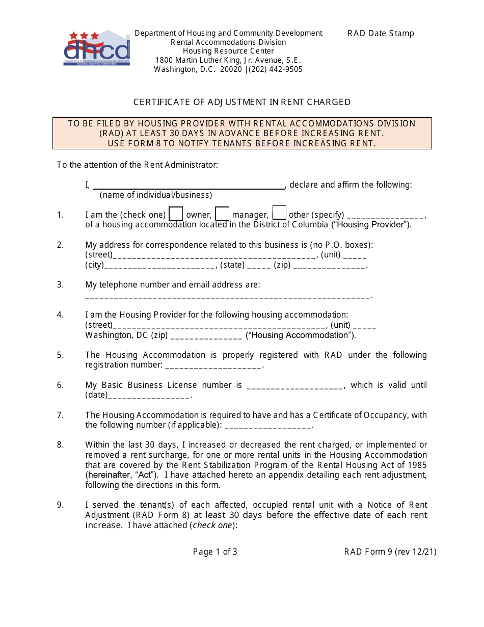RAD Form 9 Certificate of Adjustment in Rent Charged - Washington, D.C., Page 1