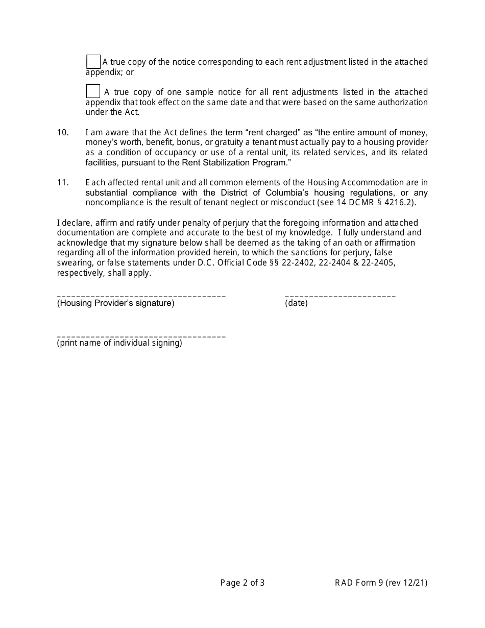 RAD Form 9 Certificate of Adjustment in Rent Charged - Washington, D.C., Page 2