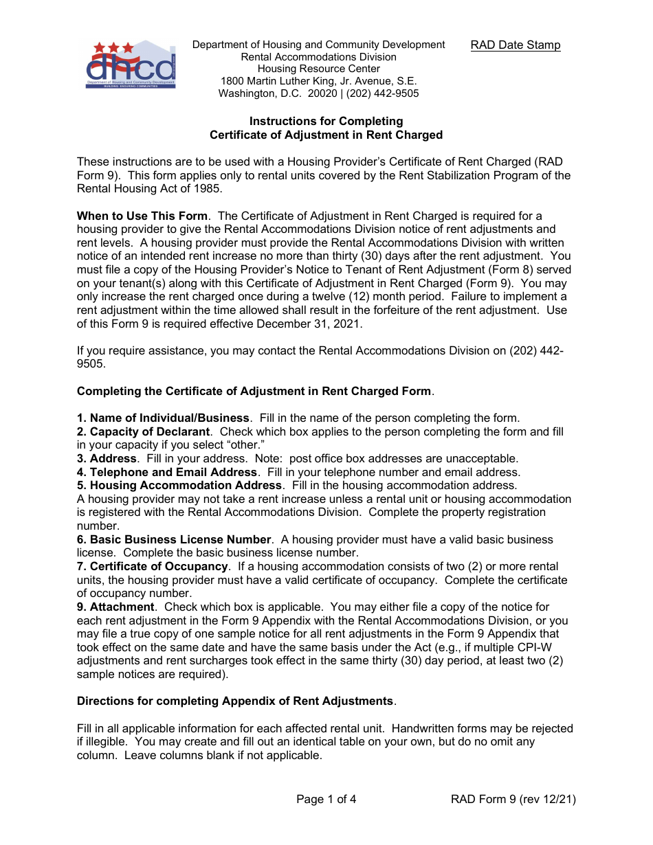 Instructions for RAD Form 9 Certificate of Adjustment in Rent Charged - Washington, D.C., Page 1