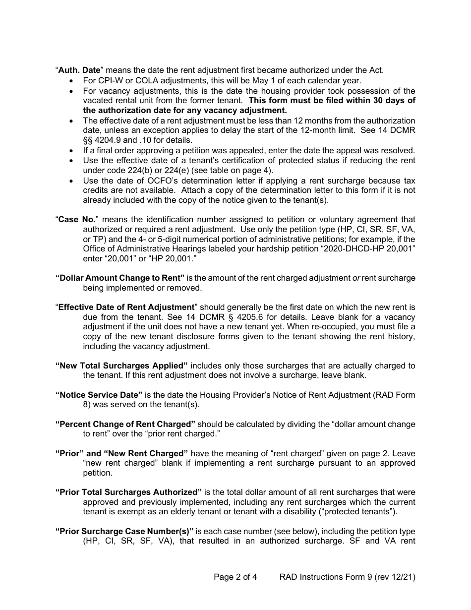 Instructions for RAD Form 9 Certificate of Adjustment in Rent Charged - Washington, D.C., Page 2