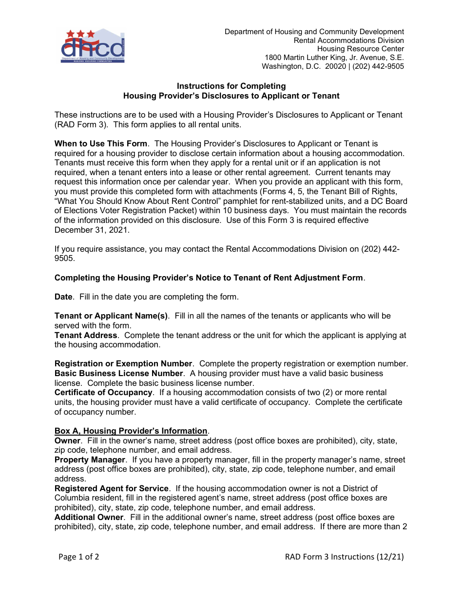 Instructions for RAD Form 3 Housing Providers Disclosures to Applicant or Tenant - Washington, D.C., Page 1