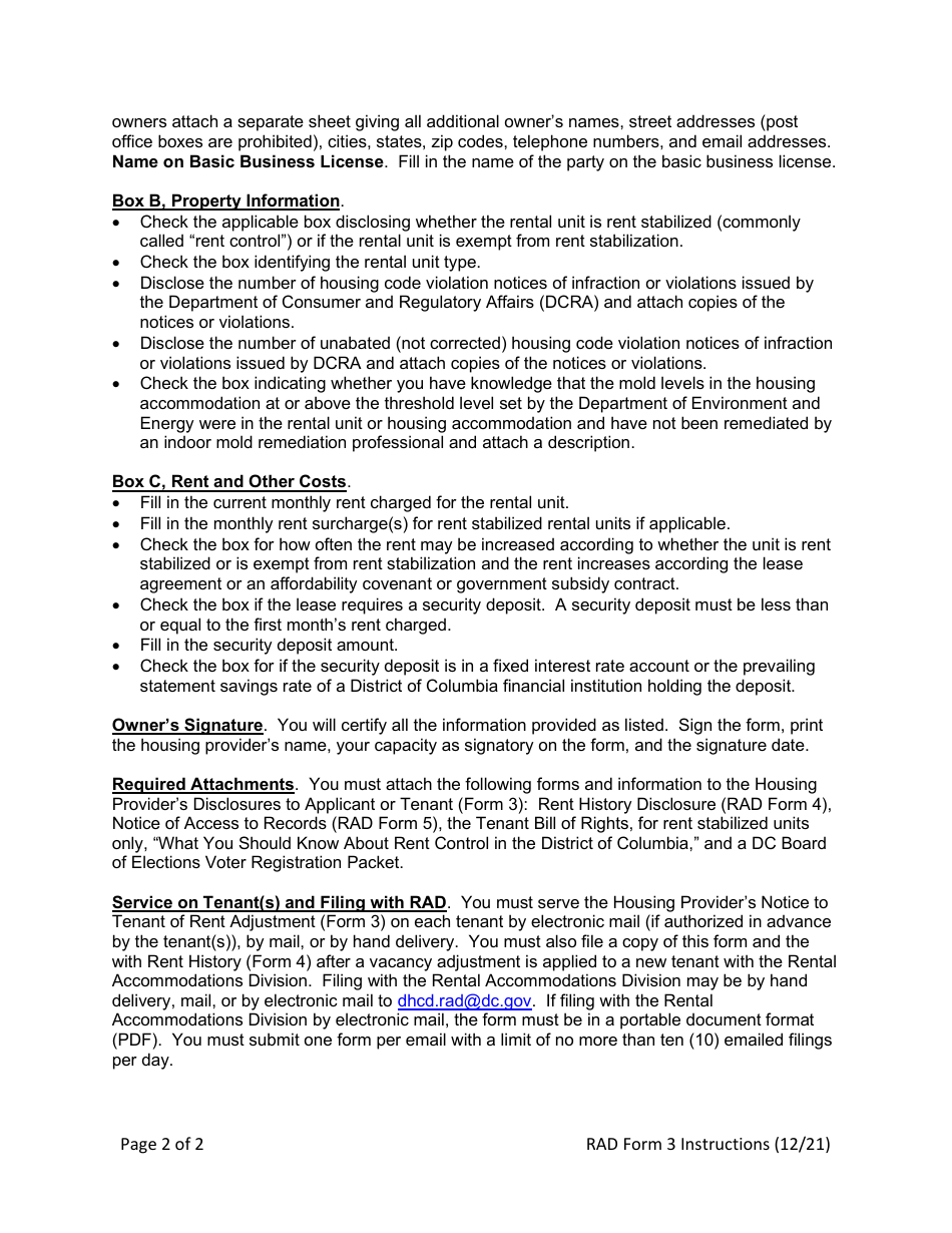 Instructions for RAD Form 3 Housing Providers Disclosures to Applicant or Tenant - Washington, D.C., Page 2