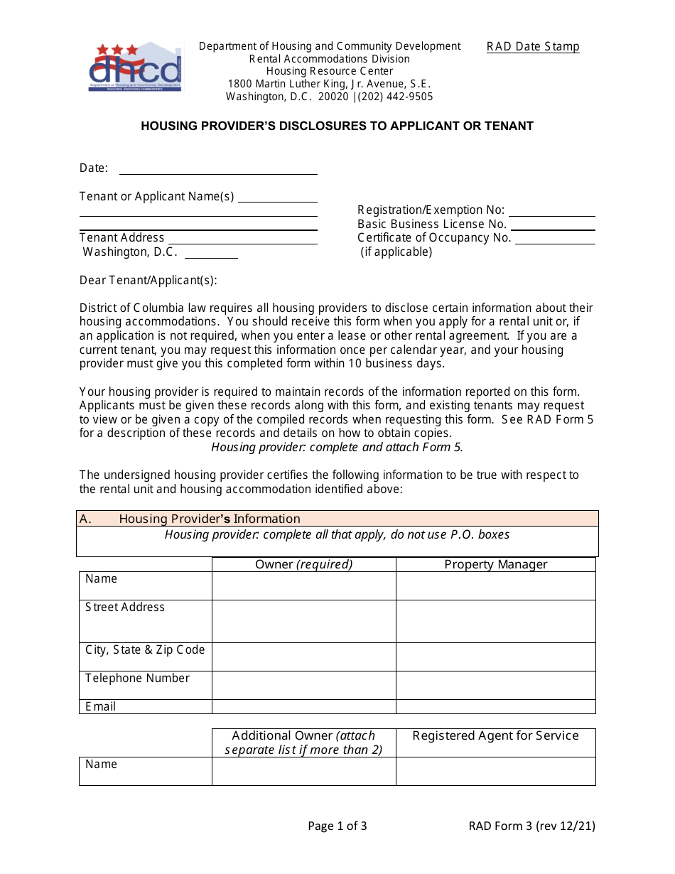 RAD Form 3 Housing Providers Disclosures to Applicant or Tenant - Washington, D.C., Page 1