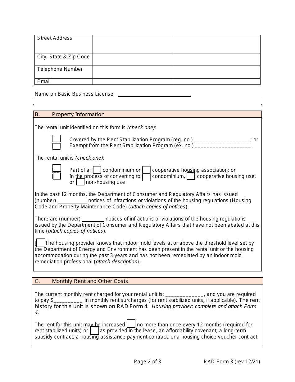 RAD Form 3 Housing Providers Disclosures to Applicant or Tenant - Washington, D.C., Page 2