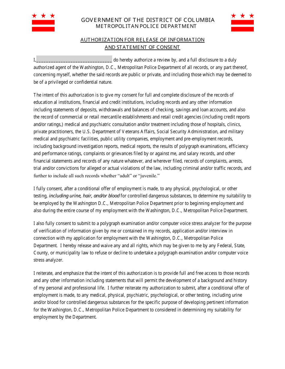 Washington, D.C. Authorization for Release of Information and Statement
