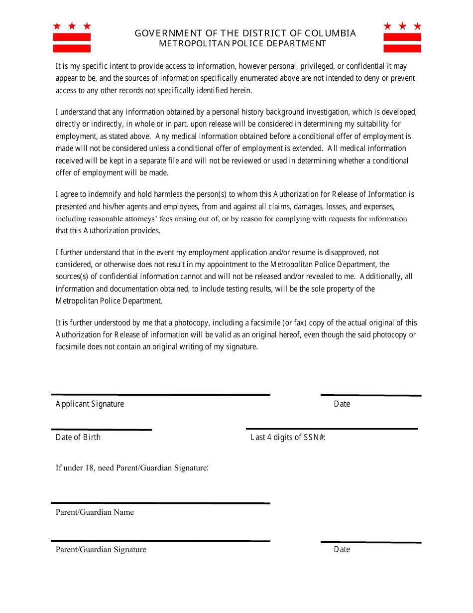 Authorization for Release of Information and Statement of Consent - Washington, D.C., Page 2