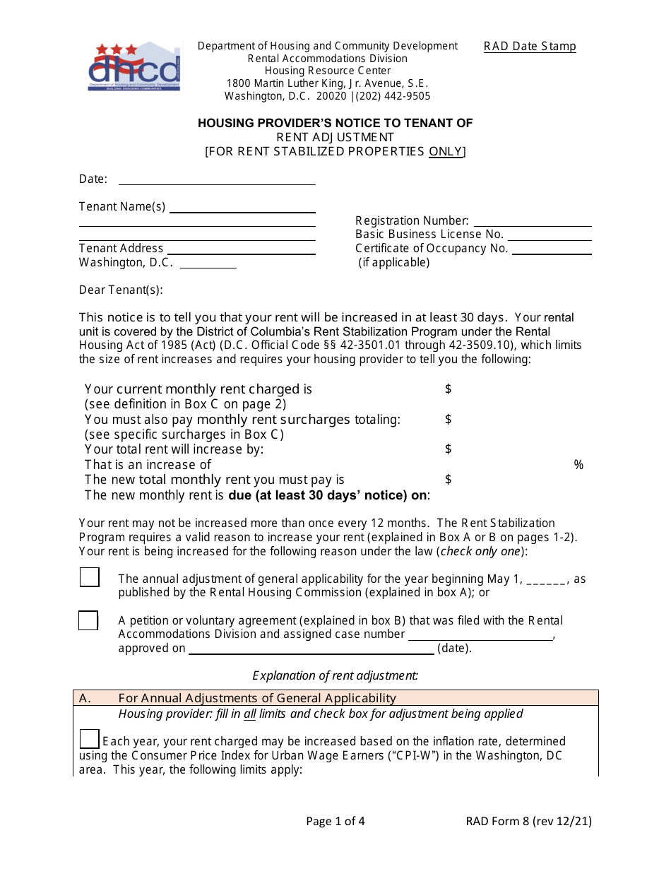 RAD Form 8 Housing Providers Notice to Tenant of Rent Adjustment - Washington, D.C., Page 1