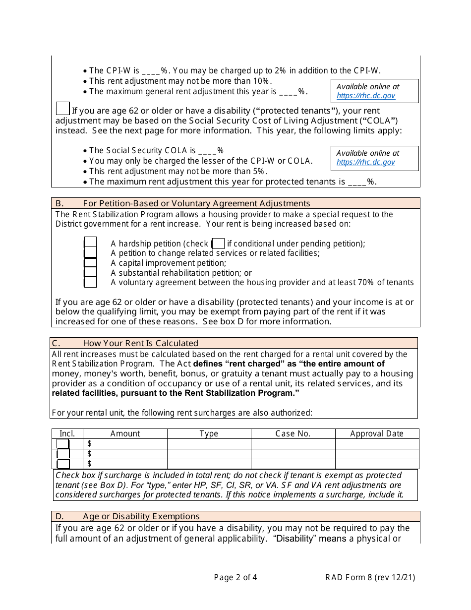 RAD Form 8 Housing Providers Notice to Tenant of Rent Adjustment - Washington, D.C., Page 2