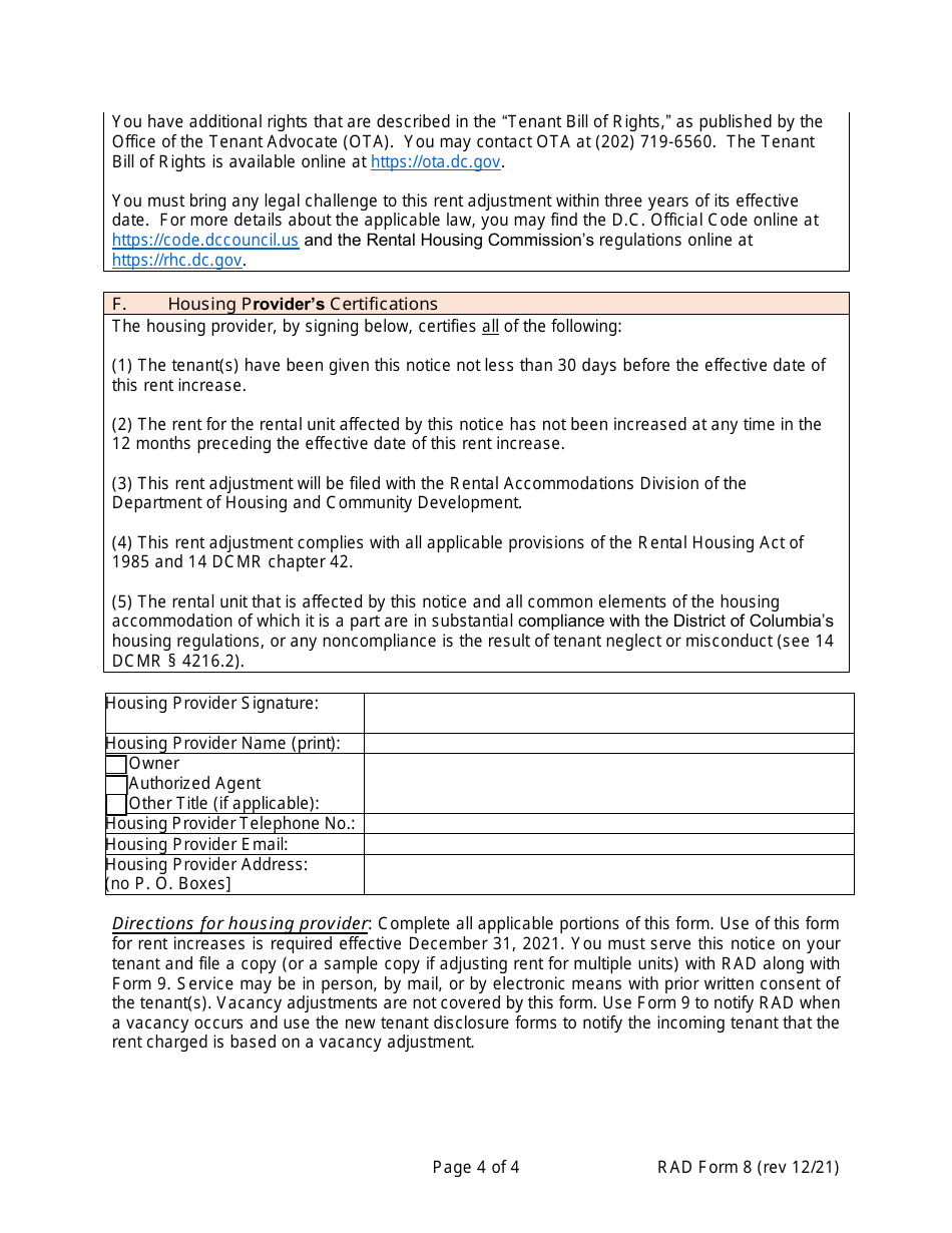 RAD Form 8 Housing Providers Notice to Tenant of Rent Adjustment - Washington, D.C., Page 4
