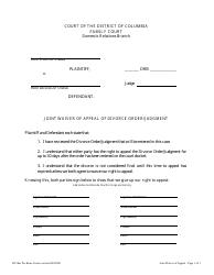 Document preview: Joint Waiver of Appeal of Divorce Order/Judgment - Washington, D.C.