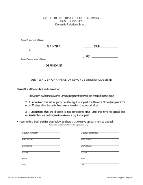 Joint Waiver of Appeal of Divorce Order / Judgment - Washington, D.C. Download Pdf