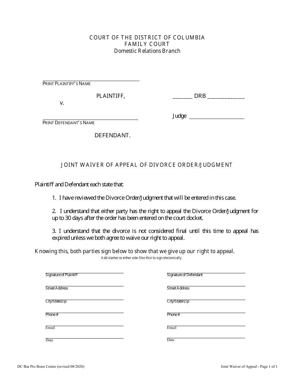 Joint Waiver of Appeal of Divorce Order / Judgment - Washington, D.C., Page 1
