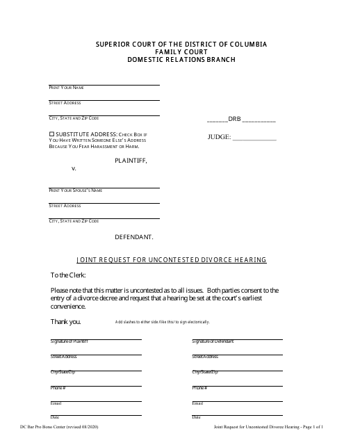 Joint Request for Uncontested Divorce Hearing - Washington, D.C. Download Pdf