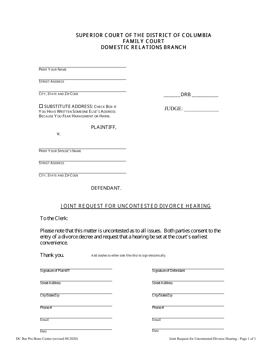 Joint Request for Uncontested Divorce Hearing - Washington, D.C., Page 1