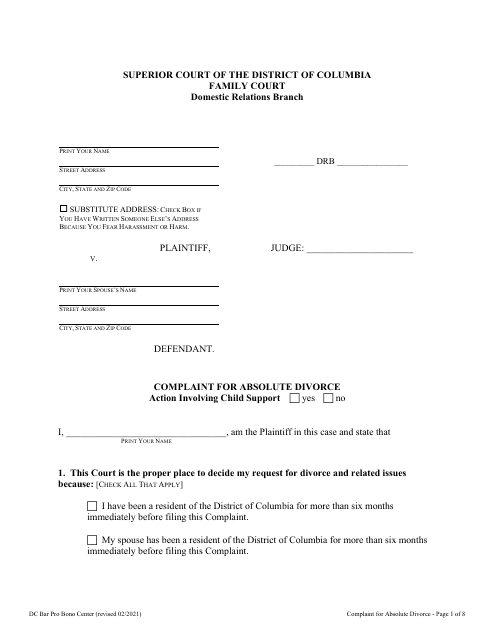 Complaint for Absolute Divorce - Washington, D.C. Download Pdf