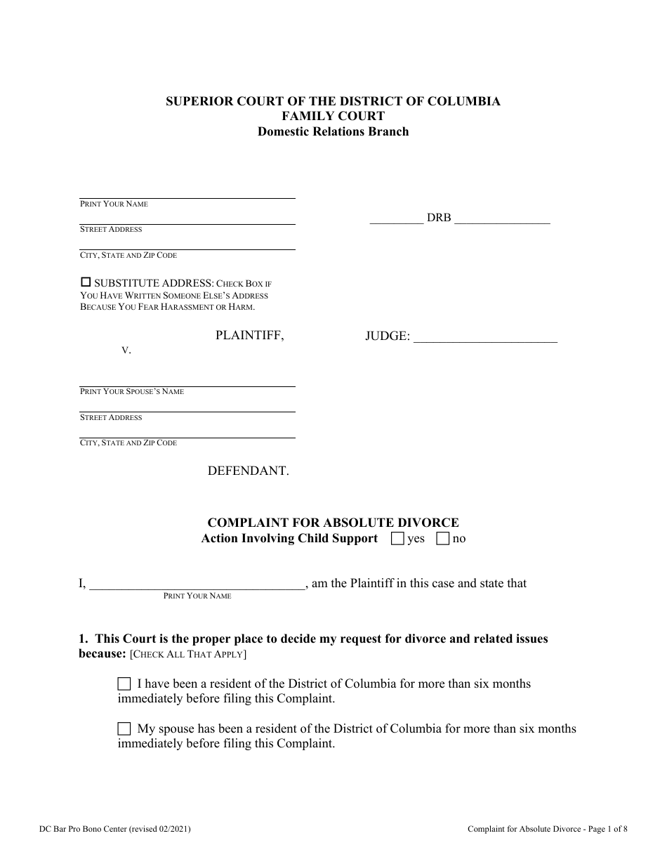 Complaint for Absolute Divorce - Washington, D.C., Page 1