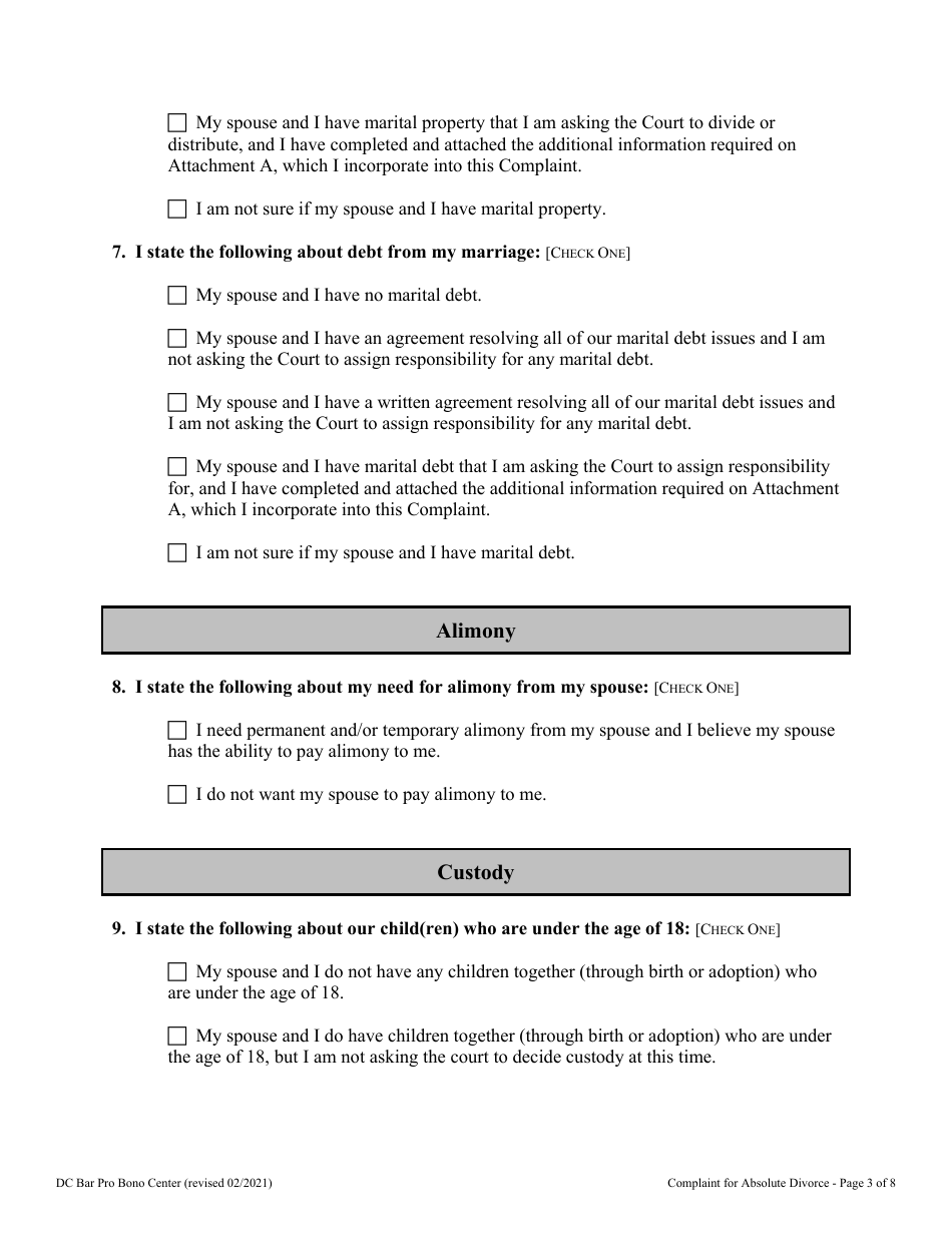 Complaint for Absolute Divorce - Washington, D.C., Page 3