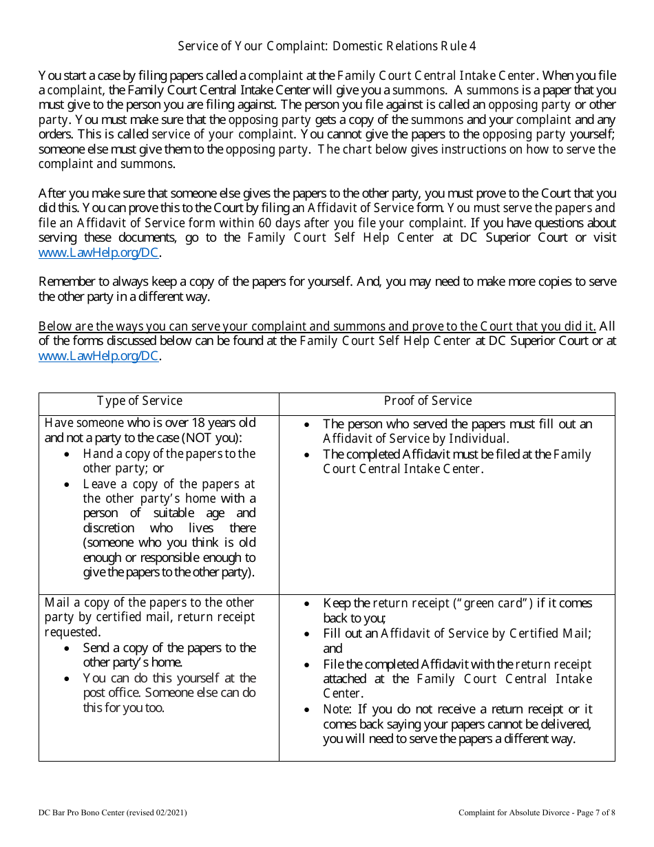 Complaint for Absolute Divorce - Washington, D.C., Page 7