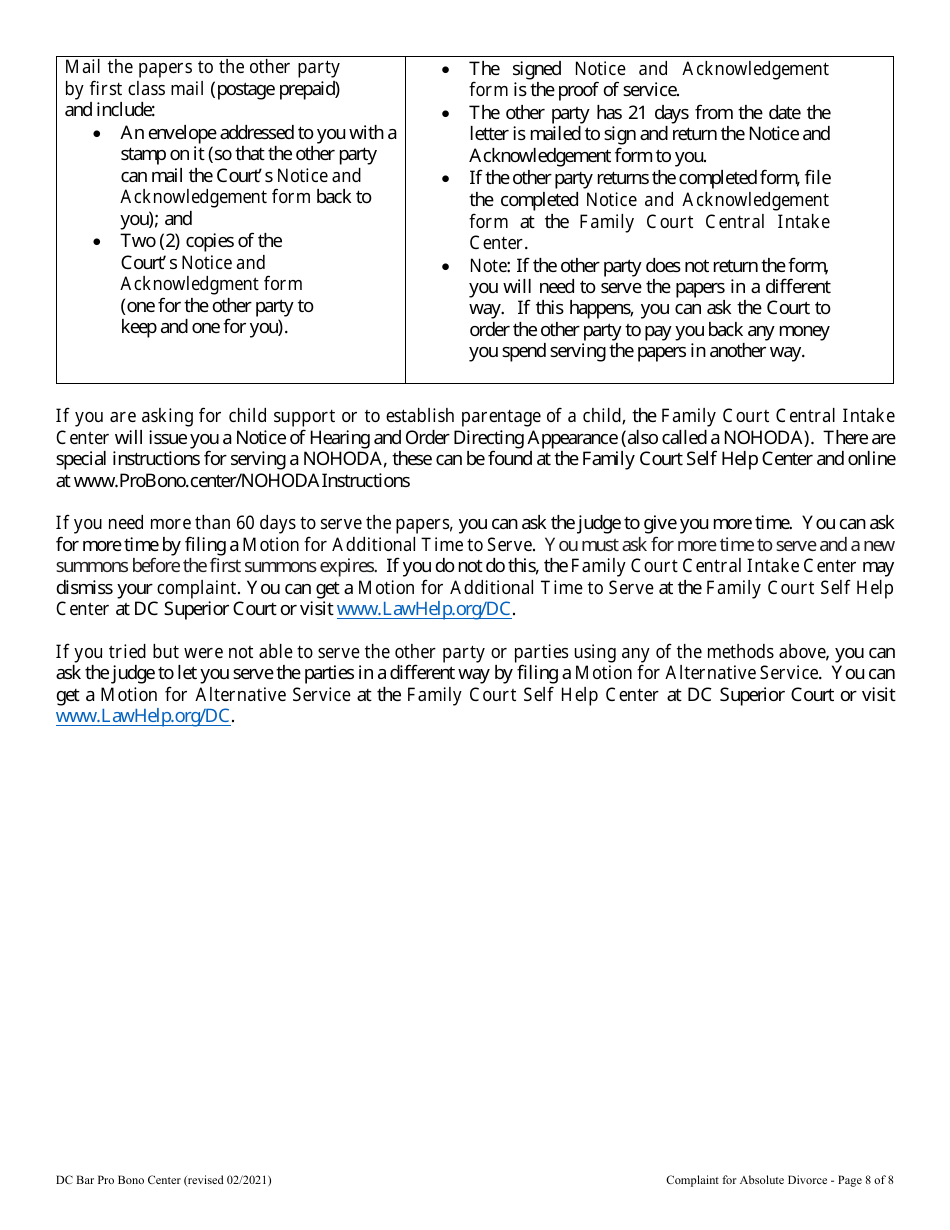 Complaint for Absolute Divorce - Washington, D.C., Page 8