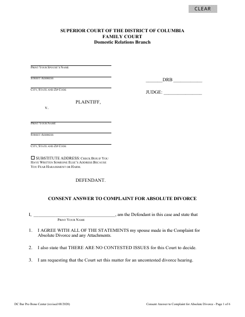 Consent Answer to Complaint for Absolute Divorce - Washington, D.C. Download Pdf