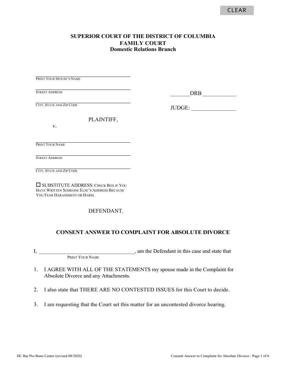 Consent Answer to Complaint for Absolute Divorce - Washington, D.C., Page 1