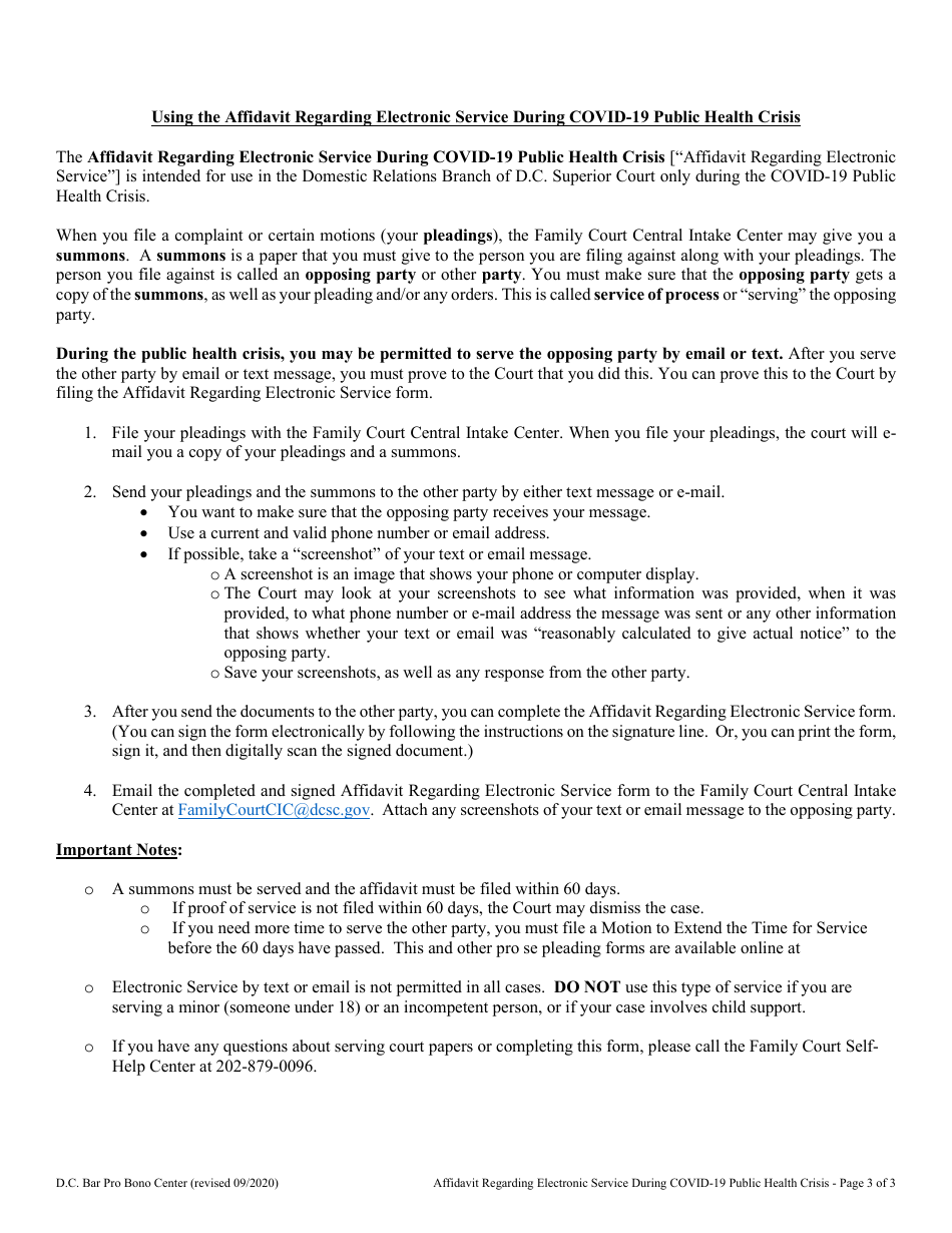 Affidavit Regarding Electronic Service During Covid-19 Public Health Crisis - Washington, D.C., Page 3