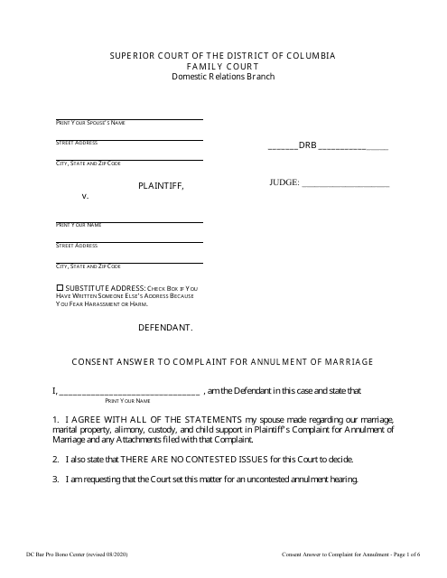 Consent Answer to Complaint for Annulment of Marriage - Washington, D.C.