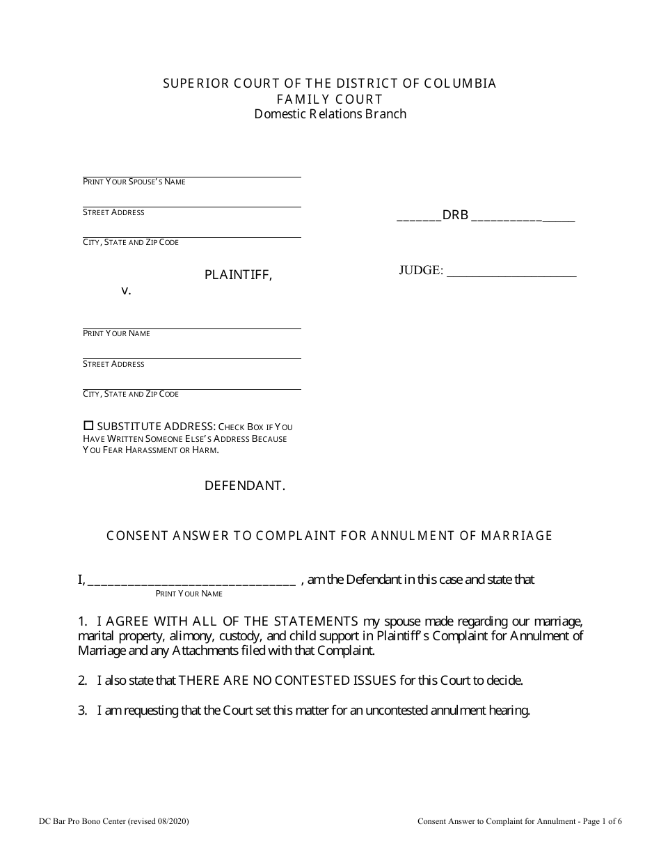 Consent Answer to Complaint for Annulment of Marriage - Washington, D.C., Page 1