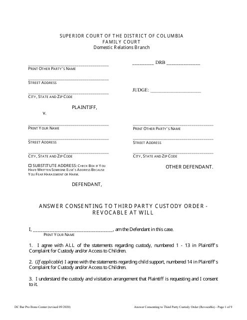Answer Consenting to Third Party Custody Order - Revocable at Will - Washington, D.C. Download Pdf