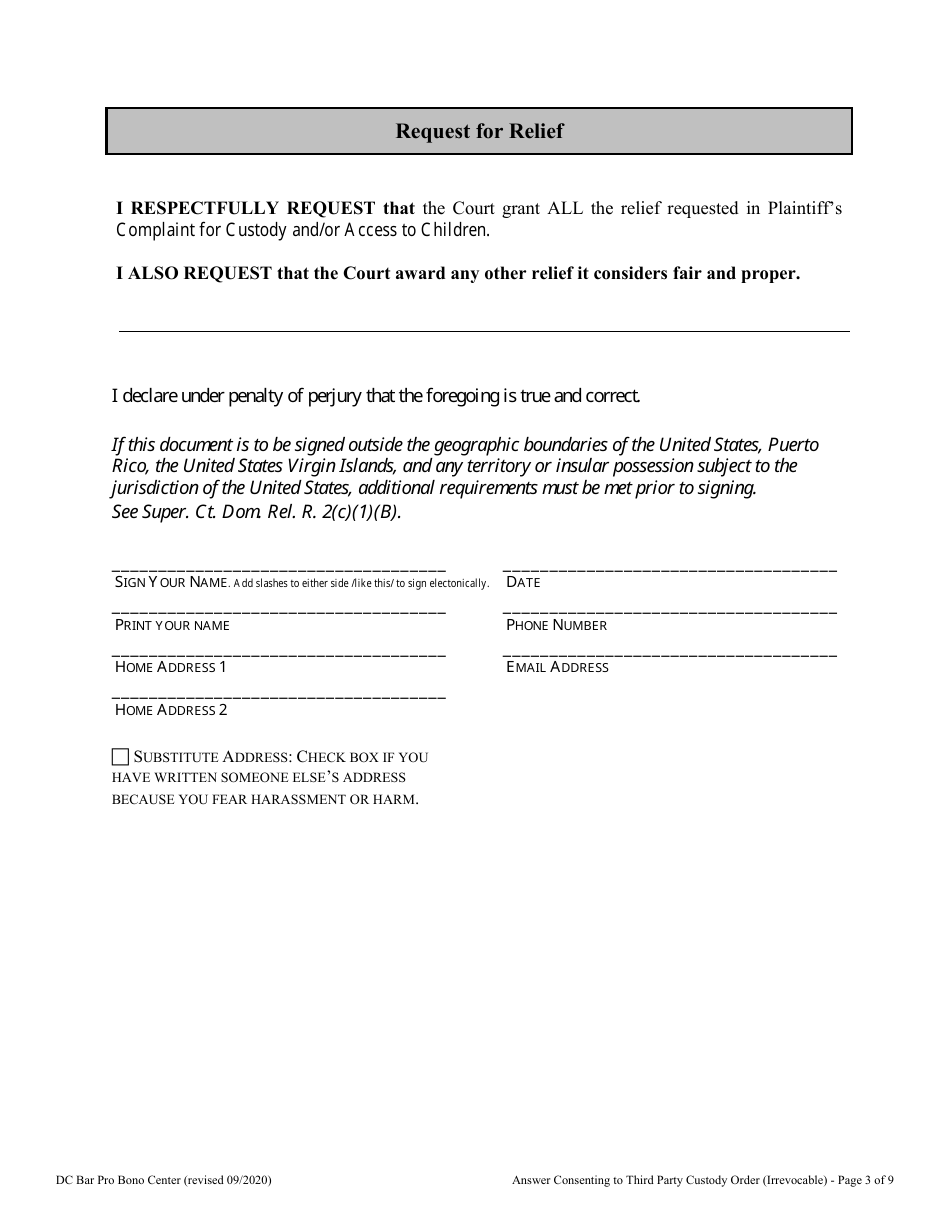 Answer Consenting to Third Party Custody Order (Irrevocable) - Washington, D.C., Page 3