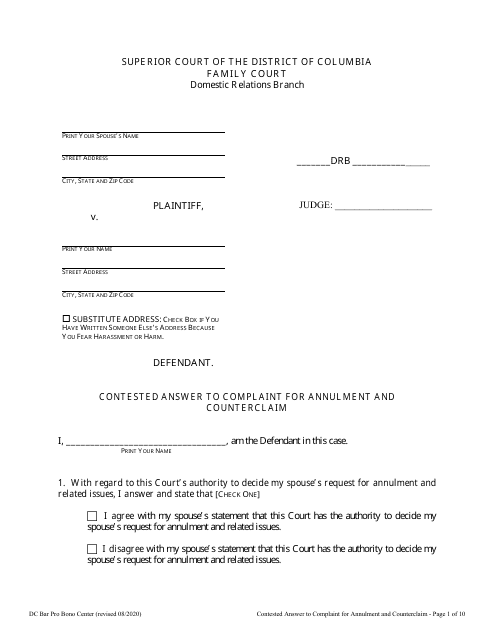 Contested Answer to Complaint for Annulment and Counterclaim - Washington, D.C. Download Pdf