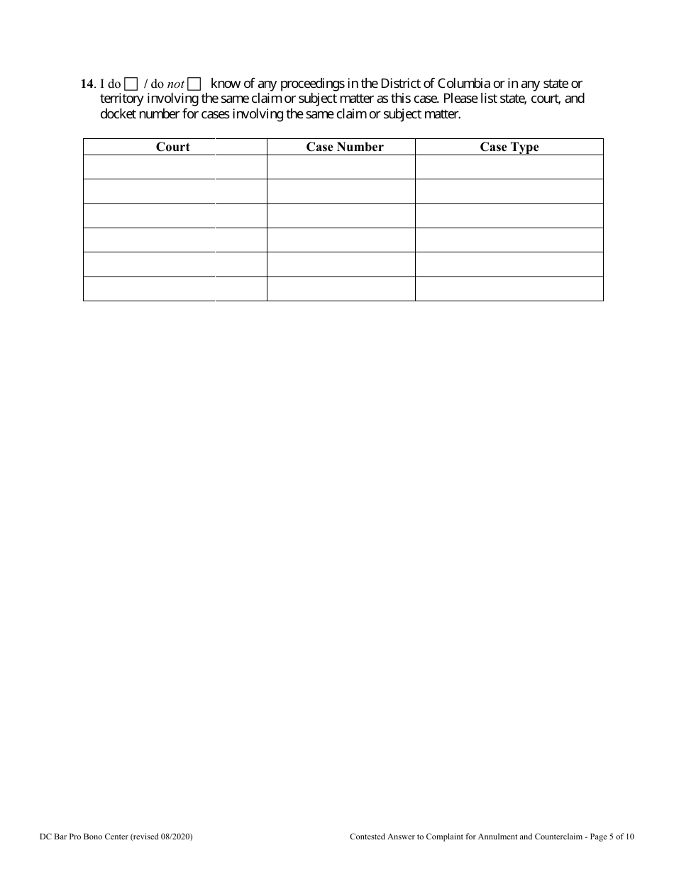 Contested Answer to Complaint for Annulment and Counterclaim - Washington, D.C., Page 5