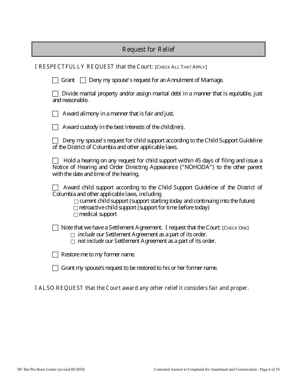 Contested Answer to Complaint for Annulment and Counterclaim - Washington, D.C., Page 6