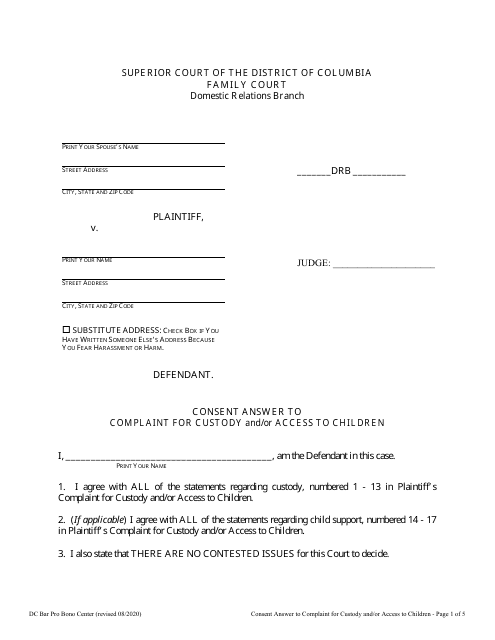 Consent Answer to Complaint for Custody and / or Access to Children - Washington, D.C. Download Pdf