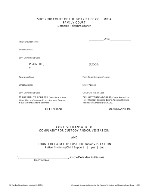 Contested Answer to Complaint for Custody / Visitation and Counterclaim - Washington, D.C. Download Pdf