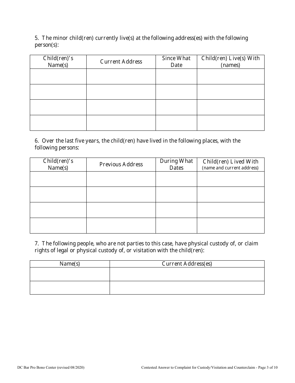 Contested Answer to Complaint for Custody / Visitation and Counterclaim - Washington, D.C., Page 3