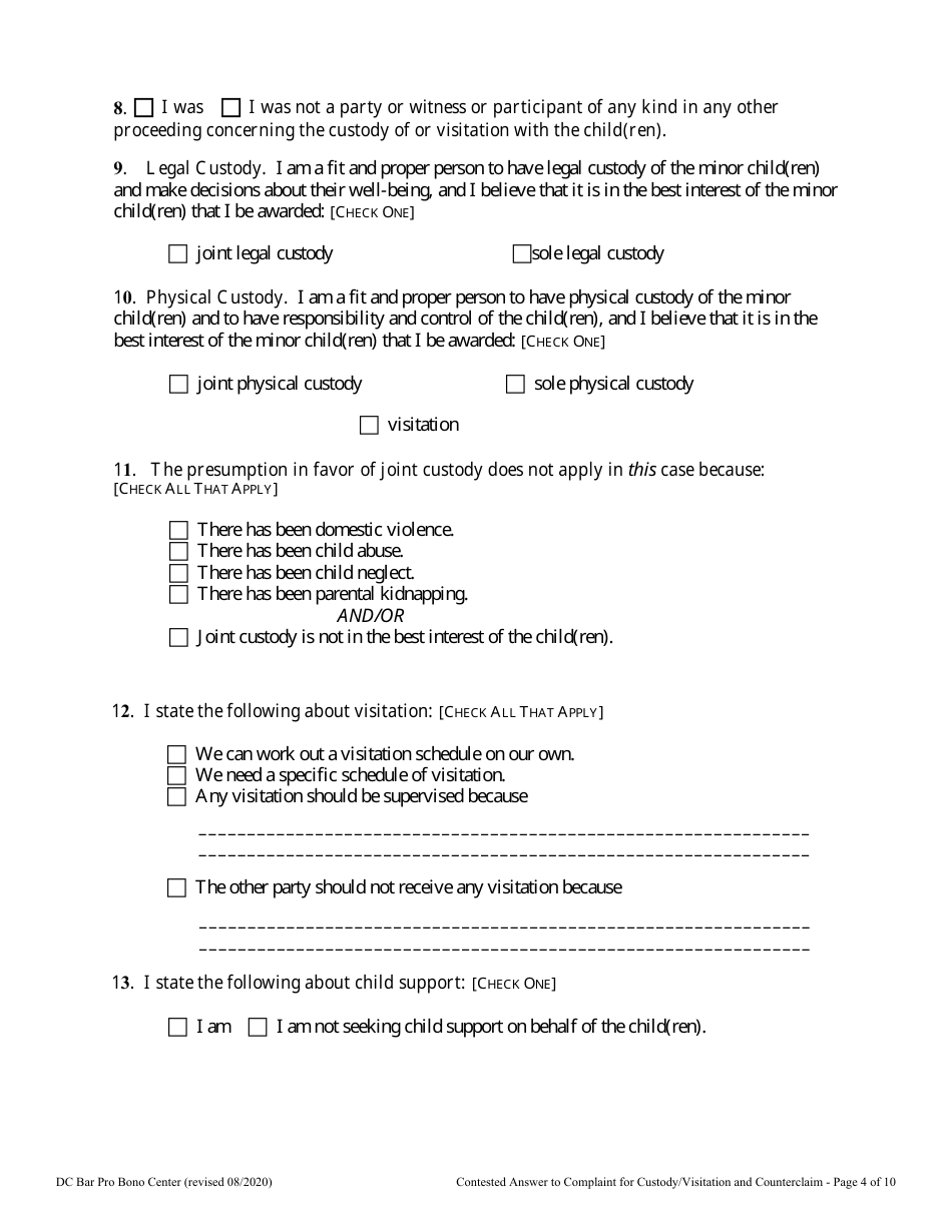 Contested Answer to Complaint for Custody / Visitation and Counterclaim - Washington, D.C., Page 4