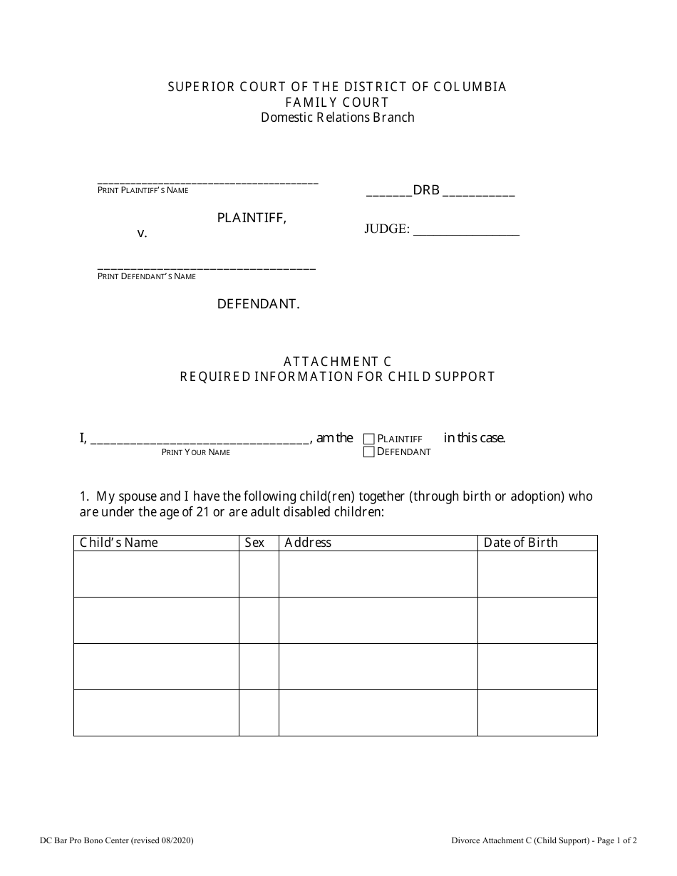Attachment C Required Information for Child Support - Washington, D.C., Page 1