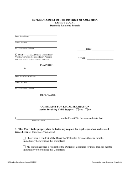 Complaint for Legal Separation - Washington, D.C. Download Pdf
