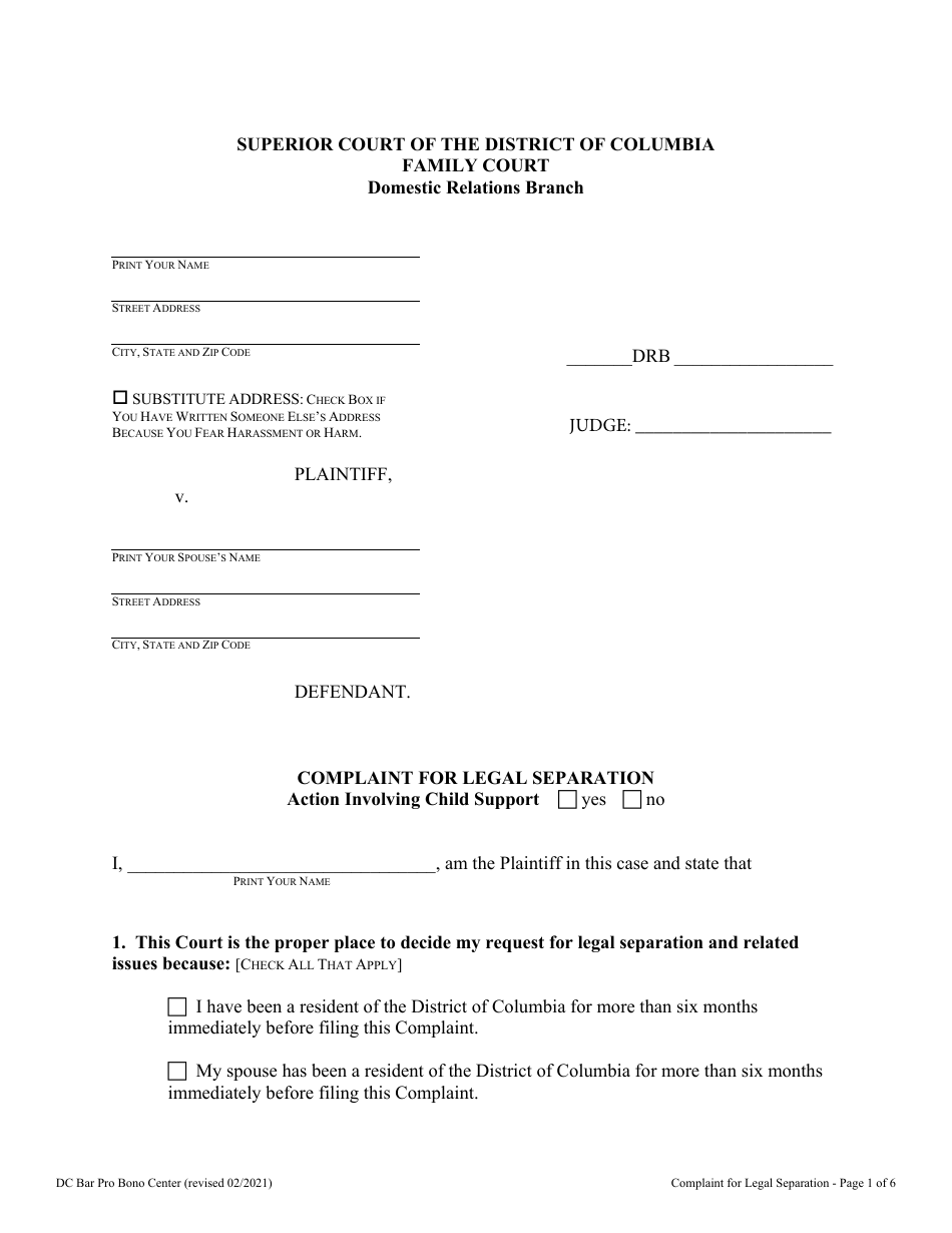 Complaint for Legal Separation - Washington, D.C., Page 1